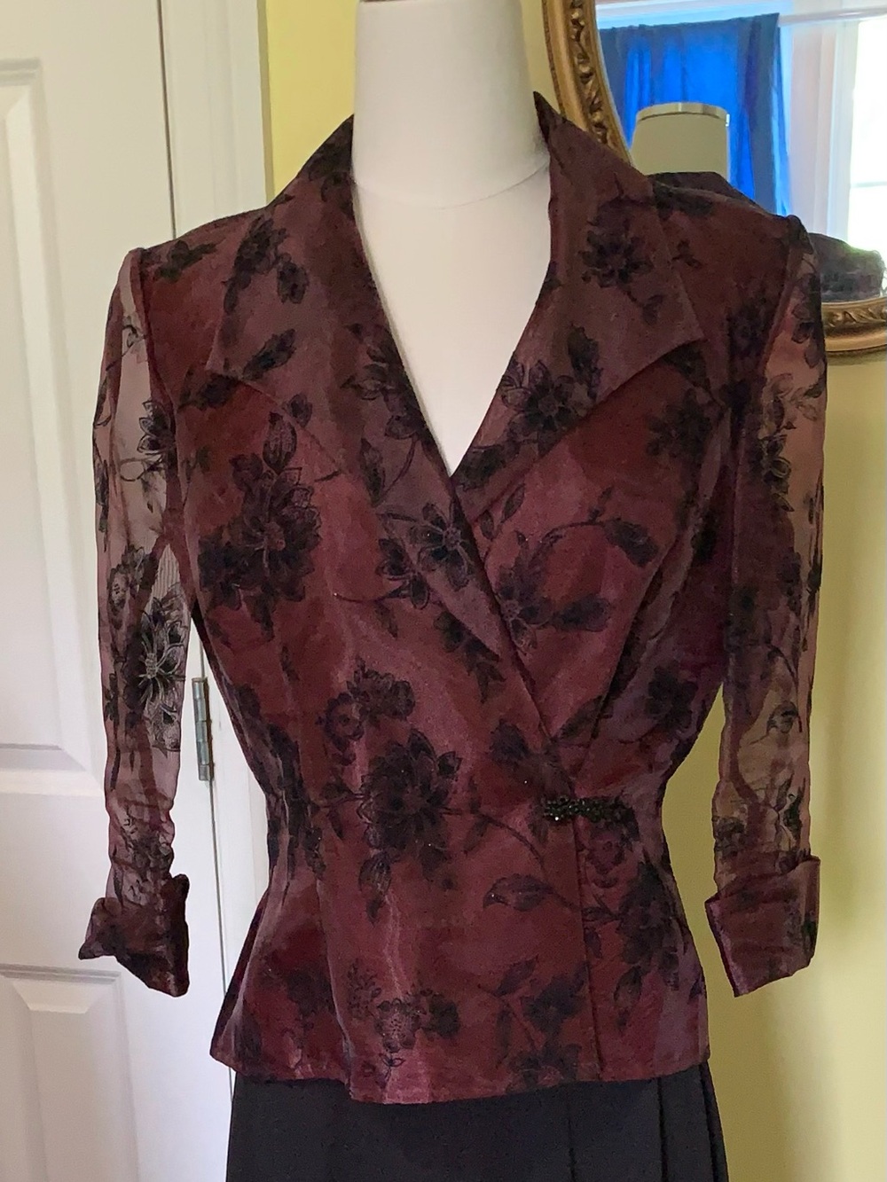 Evening Blouse Burgundy Black Floral Wrap Sheer 3/4 Sleeves Formal Organza